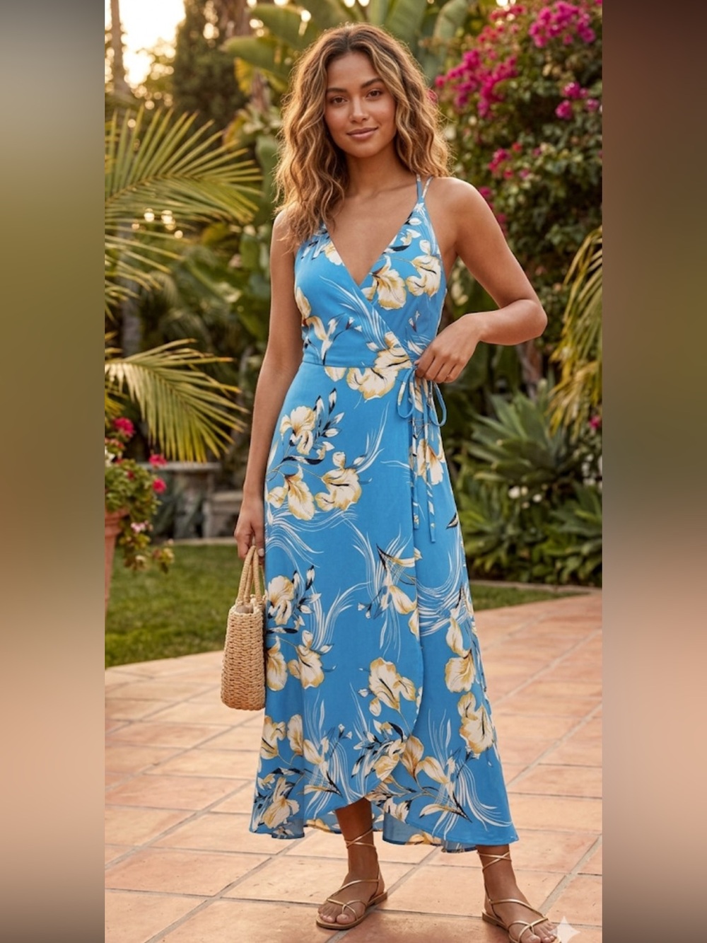 Yumi Kim Women’s Turquoise Floral Maxi Dress with Yellow Flowers Size XS